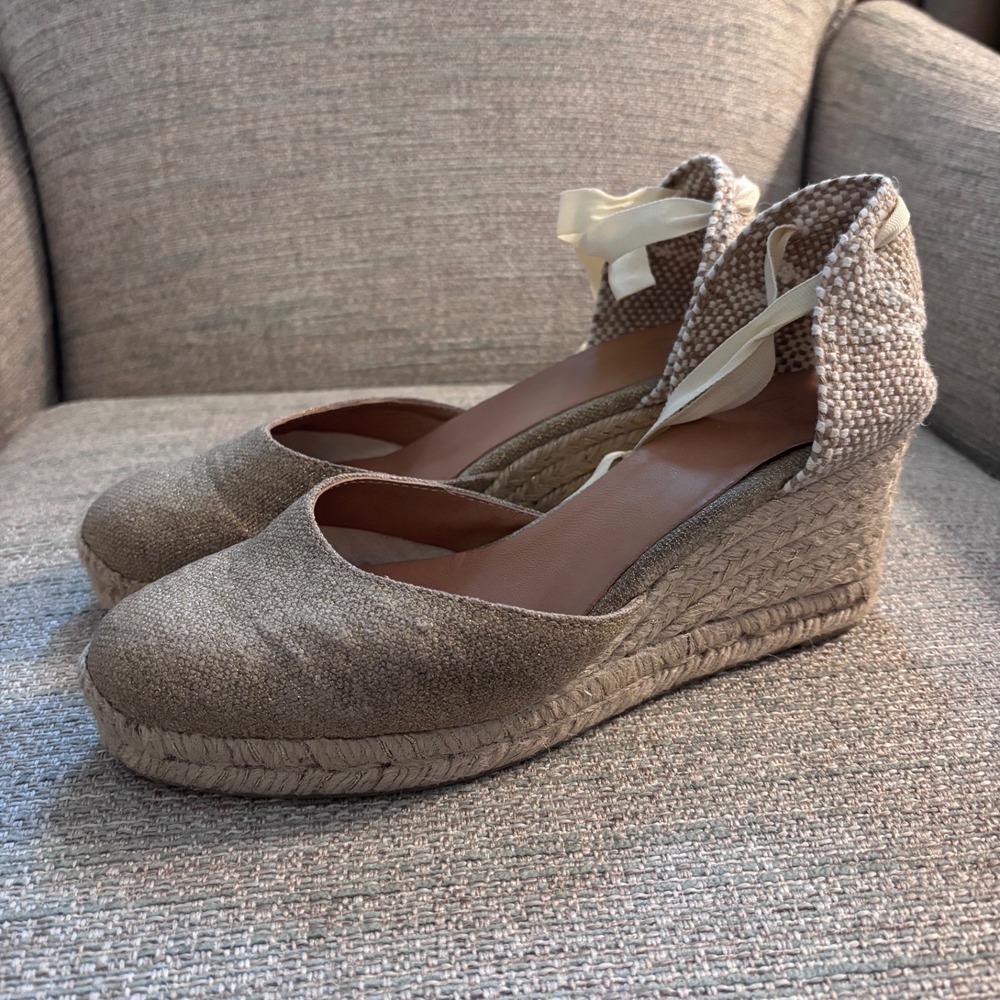 Castaner Carina Gold‎ Metallic Espadrille Wedge Sandals Ankle Tie Spain Size 38